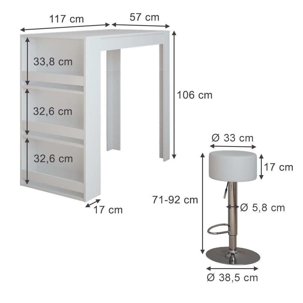 Vicco Juego de Mesa de Bar Repose, Blanco, 57 x 117 cm con 2 taburetes de Bar, utilizable como Mesa Alta para Cocina o Comedor