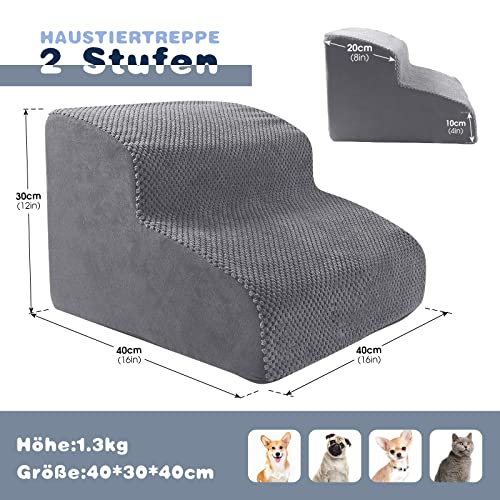 Thihome Hundetreppe für Kleine Hunde, rutschfeste Katzentreppe mit Abnehmbarer Bezug, 2 Stufen Hunderampe, Wasserdicht Haustiertreppe für Bett & Sofa, Grau
