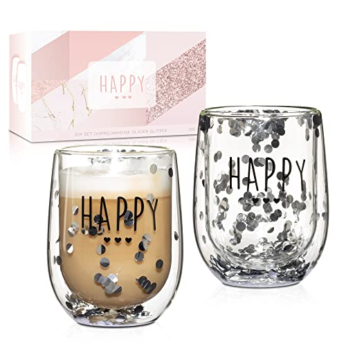 ILP Doppelwandige Gläser Glitzer Happy 2 Stück ILP 2er Set 300 ml doppelwandige Thermogläser Happy mit Konfetti - Gläser für Heiß- und Kaltgetränke - Doppelwandiges Glas Cover
