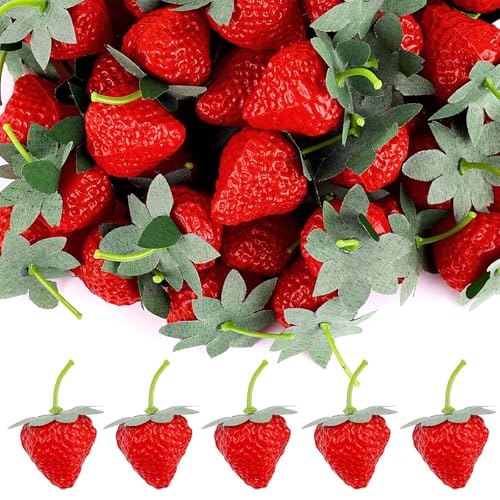 Calkkrer 50 piezas de fresas rojas artificiales, decoración de fresa para cocina, fiesta, fotografía, fruta plástica decorativa, frutas artificiales para decoración de vajilla