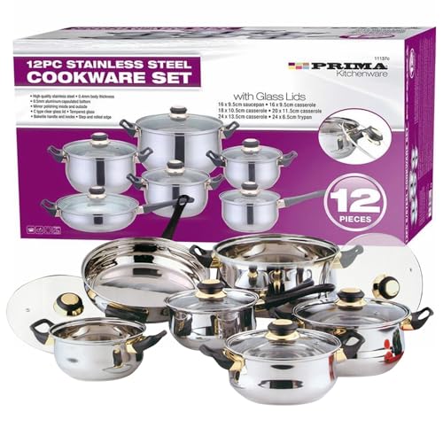 12PC Cookware Set – Saucepan, Frying Pan Pot & Casserole Stainless Steel Cookware | Non Stick, Kitchenware, Glass Lids, | Strong Quality, Long Lasting & Durable (12 Piece Cookware Set)
