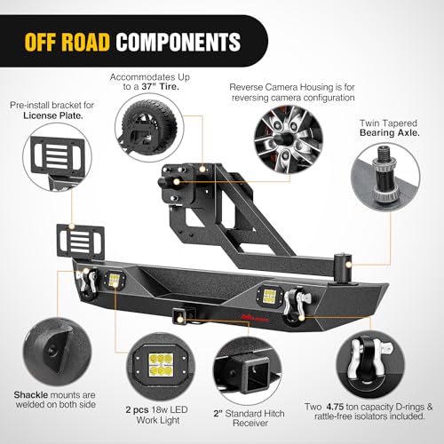 Image of Nilight Rear Bumper with Spare Tire Carrier for JL JLU Unlimited | For Wrangler JL JLU Unlimited(2 /4 Doors) 2018-2026 2 inch Hitch Receiver w License Plate Bracket 2 LED Lights D-rings