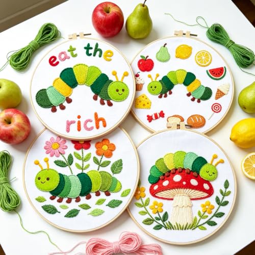 Image of BEUNITONE 4 Set Embroidery Kits for Beginners with Easy Caterpillar Pattern, DIY Craft Kits Include Instructions and 2 Embroidery Hoops, Cross Stitch Needlepoint Kits for Craft Lover and Home Decor