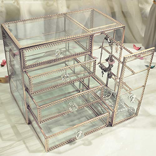 Hersoo Glass Mirrored Jewelry Drawers Box Vintage Metal Edge Organizer Beauty Display for Necklace Earrings Rings Trinkets Jewelry Stand for Girls on Makeup Vanity Night Stand (Silver)