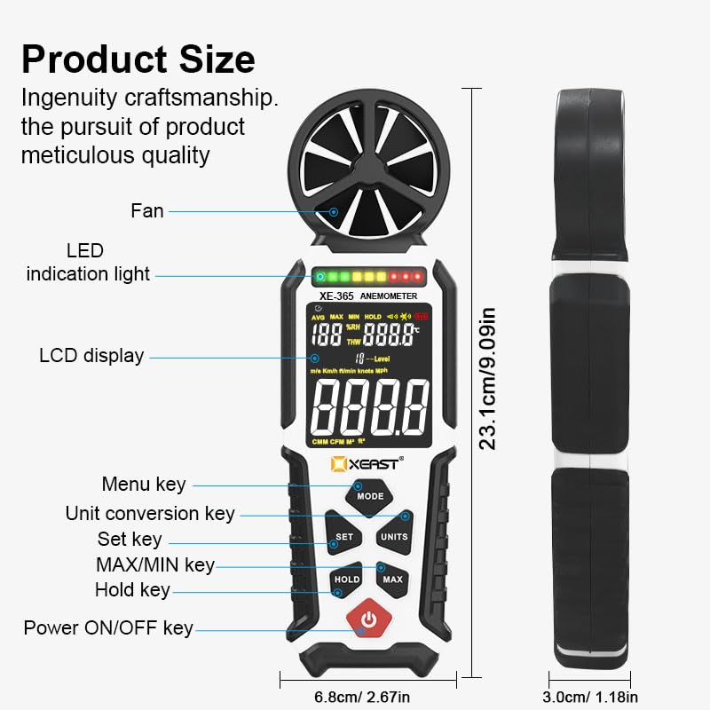 Diagram showing the XEAST XE-365 Anemometer with labeled components including fan, LED indicator, LCD display, and control buttons.