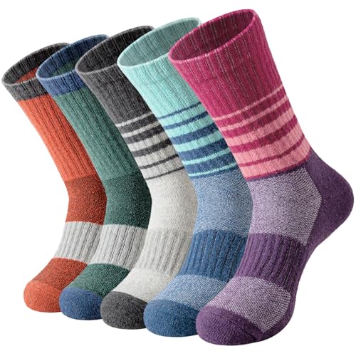 Clothirily 5 Pairs Wool Socks for Women - Thermal Hiking Socks Womens, Thick Warm Womens Merino Wool Socks, Super Soft Cabin Winter Boot Work Sock for Women