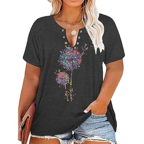 Plus Size Dandelion Shirt Women Ring Hole Short Sleeve Sexy V-Neck Cute Graphic Summer Cotton Tee Tops Cover
