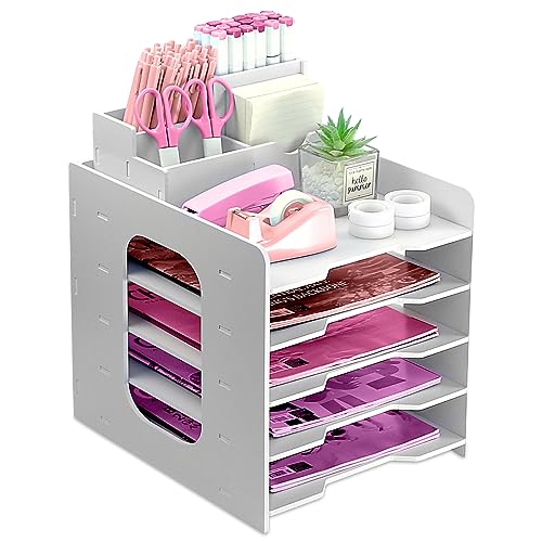 ideallife Bandeja Organizadora de 5 Niveles, Organizador de Papel A4 de Oficina, Bandeja de Archivo de Papel de Madera para Escritorio de Oficina, Organizador de Escritorio A4 (WN RO1)