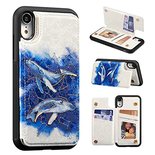 UEEBAI Funda para iPhone XR, Funda Cartera Móvil Protectora con Bloqueo RFID Patrones de Relieve Dos Hebillas Magnéticas Ranura Tarjeta Protección Completa - Azul