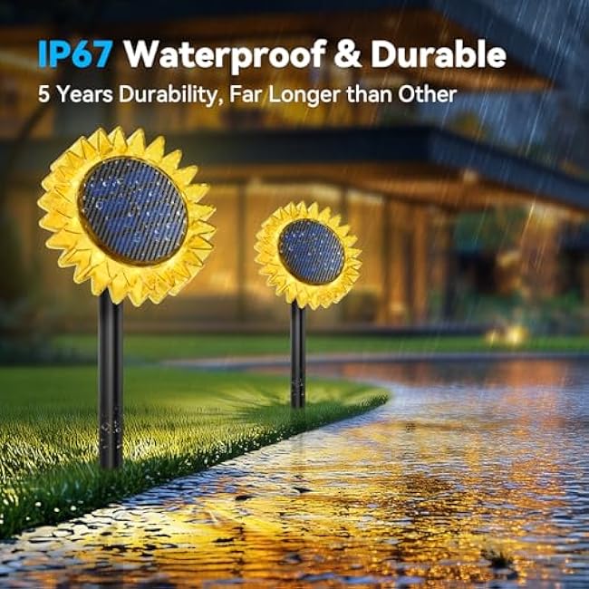 Solar Garden Lights - Upgraded Solar Sunflower Light, Ground/Wall 2 In 1, Outdoor Lights Waterproof IP67,Garden Yard Patio Backyard Pathway Landscape Fence Wall Decoration, Warm White(2 Pack)