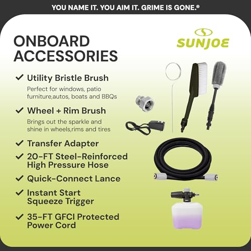 Sun Joe XTREAM Electric Pressure Washer, 2200 PSI, 1.1 GPM, 4 Nozzles, Foam Cannon, Wheel & Bristle Brushes, 20 ft Hose & 35 ft Power Cord, SPX3000-XT1 (PWMA Certified)