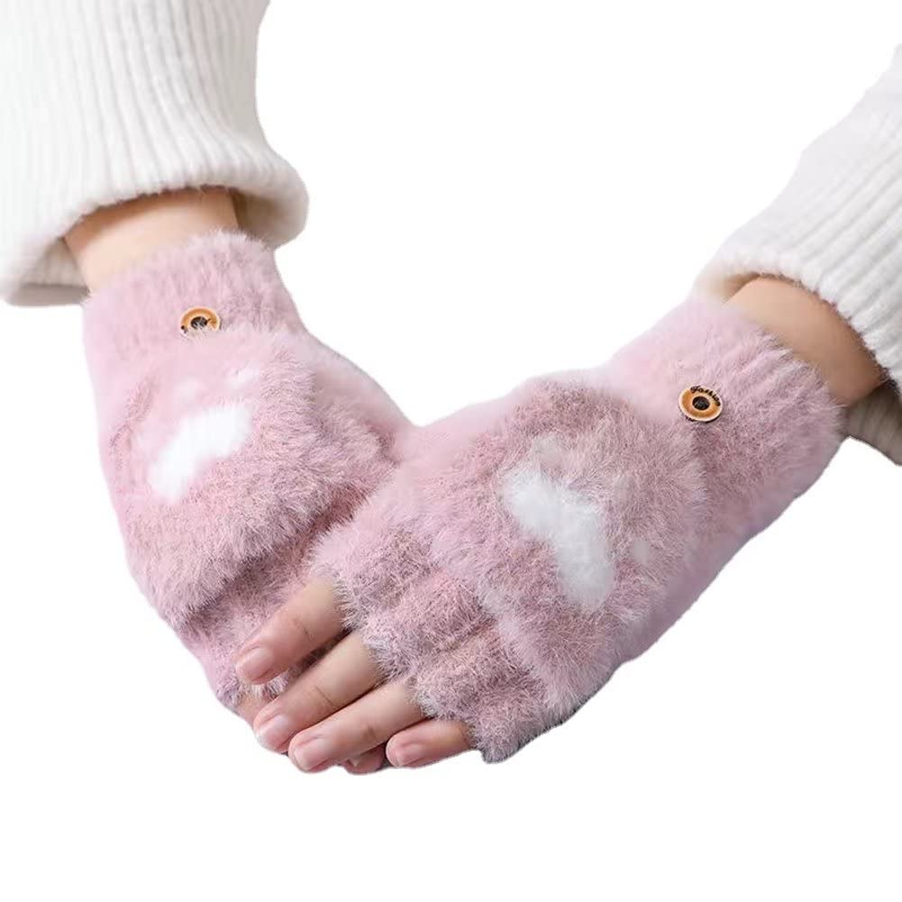 Wudaizhi Women's Pink Fingerless Gloves, Winter Warm Gloves, Soft Warmer Flip Gloves Outdoor Sport Half-Finger Mitten With Cover