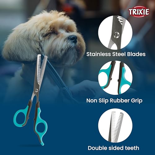 Image of Trixie: - Double Sided Thinning Scissors | Stainless Steel Pet Grooming Scissors | Non-Slip Rubber Handle for Easy Grip | Round-Tip Design Makes It Safe to Use Around Your Pets Face - 18 cm