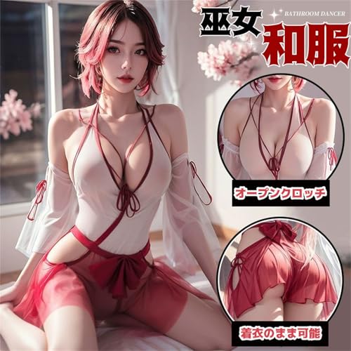 セクシー 巫女 コスプレ 神社 和服 和装 浴衣 白×赤 フルセット 和風 ベビードール ランジェリー 正月 エロい 透け透け レース 刺繍 誘惑 小悪魔 仮装 過激 衣装 レディース コスチューム - 画像3