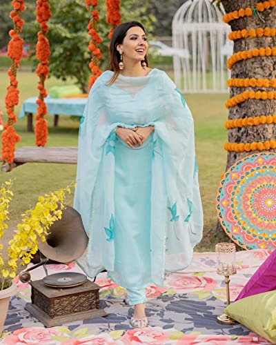 Image of GoSriKi Women's Cotton Blend Straight Solid Kurta with Pant & Dupatta (Resoti New-GS)