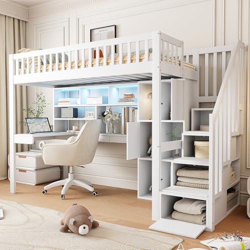 TOBIDOEN Cama alta de 90 x 200 cm con escritorio y modo de ambiente bajo la cama, cama de madera con estante, escalera de almacenamiento y compartimentos de almacenamiento, sin colchón, adecuada para