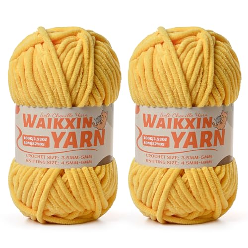 Image of (2 Light Yellow) 2 Pack Super Soft Fuzzy Chenille Chunky Yarn for Crocheting, 200g (175yds) Fluffy Velvet Yarn for Hand Knitting Baby Blankets Weaving Craft