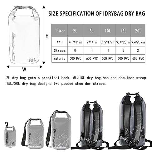 Image of IDRYBAG Dry Bag Waterproof Floating, TPU Waterproof Bag Roll Top, 2L,5L,10L Dry Bag Kayak Storage for Kayaking, Boating, Rafting, Fishing, Swimming, Hiking, Camping, Travel, Beach
