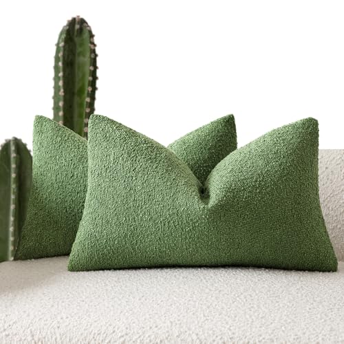 Image of Foindtower Pack of 2 Textured Boucle Throw Pillow Covers Accent Solid Decorative Lumbar Pillow Cases Cozy Couch Cushion Case for Chair Sofa Bedroom Living Room Home Decor 12x20 Inch Forest Green