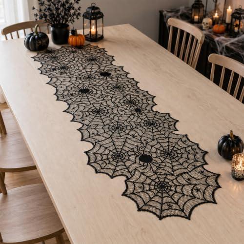 Oeyliz Halloween Decorations Black Lace Spider Web Table Runner 18 x 72Inch - image 7