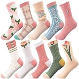 Glitopper 10 Pairs Womens Cute Cottagecore Floral Crew Socks 3D Flower Embroidered Cotton Vintage Socks Gifts(Pink Tulips)