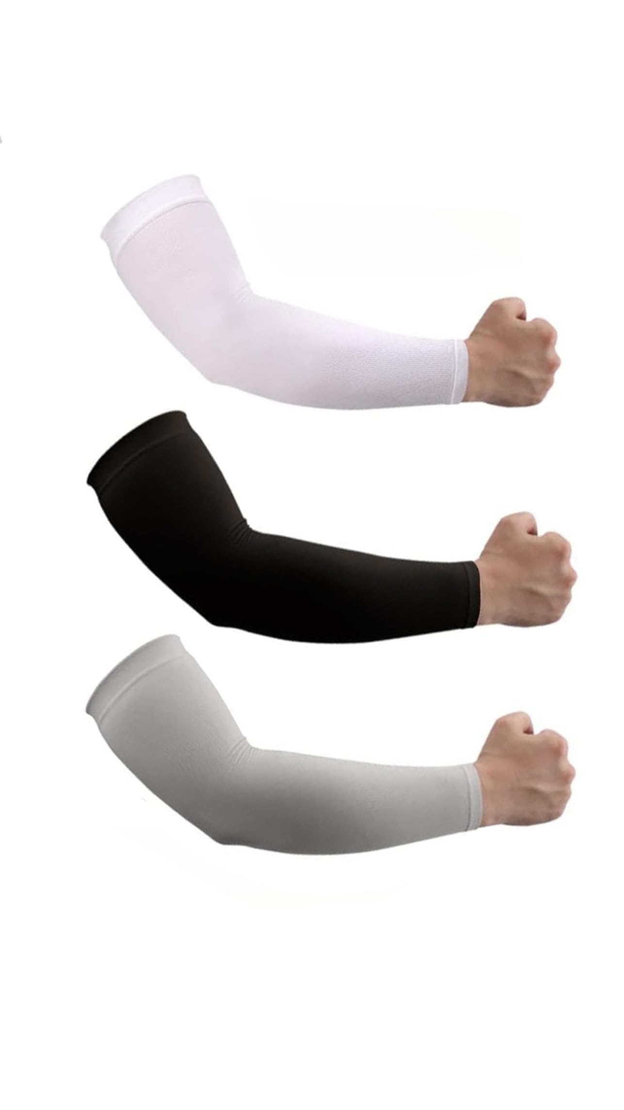 UV Protection Cooler Arm Sleeves Set of 3 Pairs (Black-White-Gray) with Hand Covers for Cycling, Driving, Basketball & More - Breathable, Cool, Stretchy