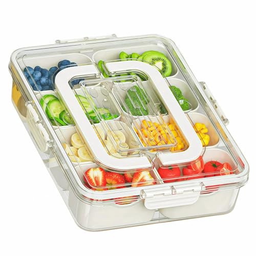 Image of Dimber Snackle Box Container, Divided Serving Tray with Lid and Handle, Adding Cutlery Organizer, 8 Fruit Forks, 2 Spoons, Snackle Box for Sports Events, Candy, Fruits, Snacks,Salad Bar(1-Pack)
