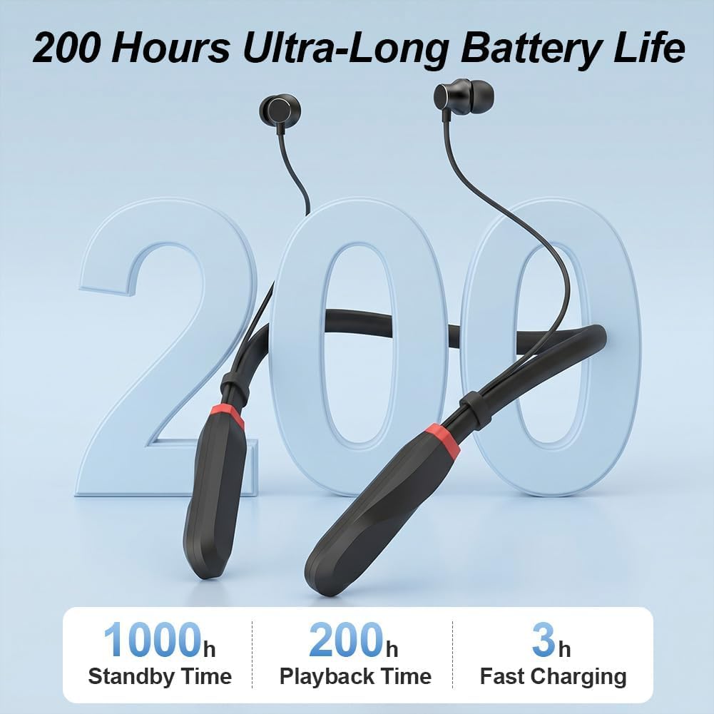 Cuffie Bluetooth con Archetto da Collo 200H di Riproduzione, Auricolari In-Ear Bluetooth 5.3, Cuffie Sportive a Collare, IPX4 Cuffie Wireless Magnetiche per Sport Corsa Palestra Cantiere, Nero