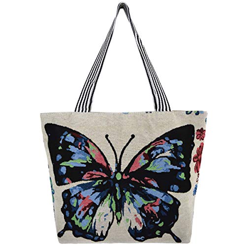 Shopping bags Beach Bag Canvas Butterfly Travel Tote Bag Women and Girls Large Shoulder Bag (Black&Multicoloured) Shopping bags Beach Bag Canvas Butterfly Travel Tote Bag Women and Girls Large Shoulder Bag ("Black&Multicoloured")