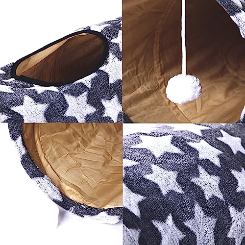Image of Cat Tunnel -Straight-Shaped, Gray Star Pattern, Soft Velvet Exterior, Oxford Fabric Fog-Proof Interior, Plush Toy Ball, Easily Washable, Conveniently Foldable, 47.2in /120cm