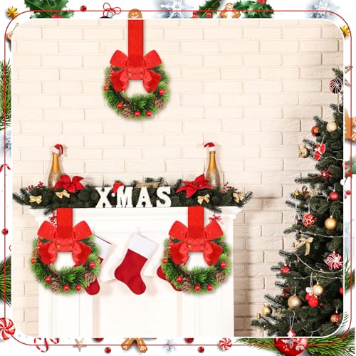 Image of Dingion 6 Pcs 6 Inch Christmas Mini Cabinet Wreaths for Kitchen with Ribbon Bows Pinecone Berry Small Window Wreath Garland for Door Window Farmhouse Christmas Party Decorations