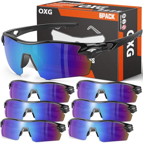 OXG 6 Pair Safety Glasses, Scratch Resistant Wraparound Lenses ANSI Z87.1 Protective Eyewear for Unisex (Black Frame, Multicolor Lenses)