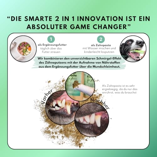 people who kaer Zahn Frische Pulver für Hunde, 3 x 200g – 2-in-1 Zahnpasta & Ergänzungsfutter, Zahnpflege Hund, unterstützt bei Maulgeruch & Zahnstein, Zahnpulver Hund, Hundezahnpasta