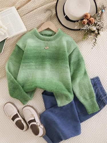 Girls Green Gradient Sweater Furry Knitted Pullover Long Sleeve Sweater Suitable for 8-12 Years3