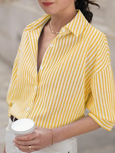 Image of IndoPrimo Women's Classic Fit Striped Print Poly Cotton Shirt with 3 /4 Sleeve Mandarin Neck Standard Length and Button Down Closure Type