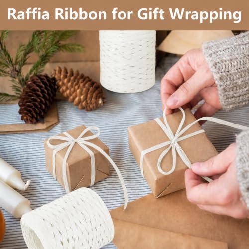 Image of BEVTEE 436 Yards Raffia Yarn for Crochet, Ribbons for Crafts, White