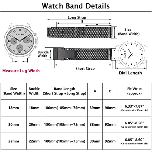 EACHE Stainless Steel Thick Mesh Watch Bands for Mens, Quick Release Adjustable Heavy Duty Mesh Watch Straps 18mm 20mm 22mm