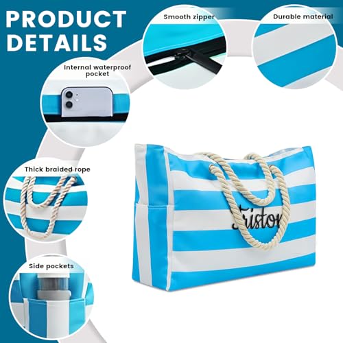 Ulico Personalized Beach Bags for Women,Custom Large Beach Tote Bag Embroidered Name, Waterproof Sandproof Swim Pool Bag with Zipper3