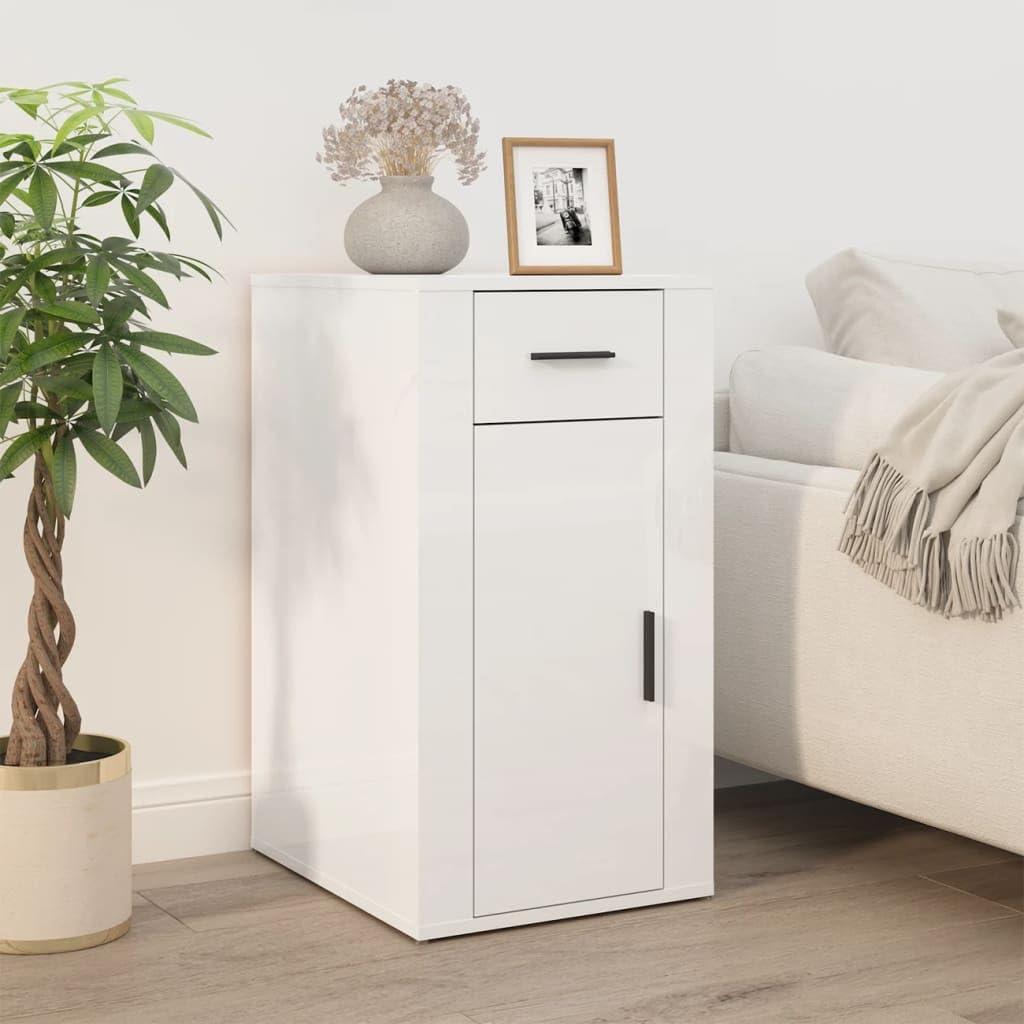Armario de oficina blanco brillante 40 x 49 x 75 cm de material de madera con puerta y cajón para salón y estudio, pasillo, cocina, baño, espacio de almacenamiento versátil para orden y
