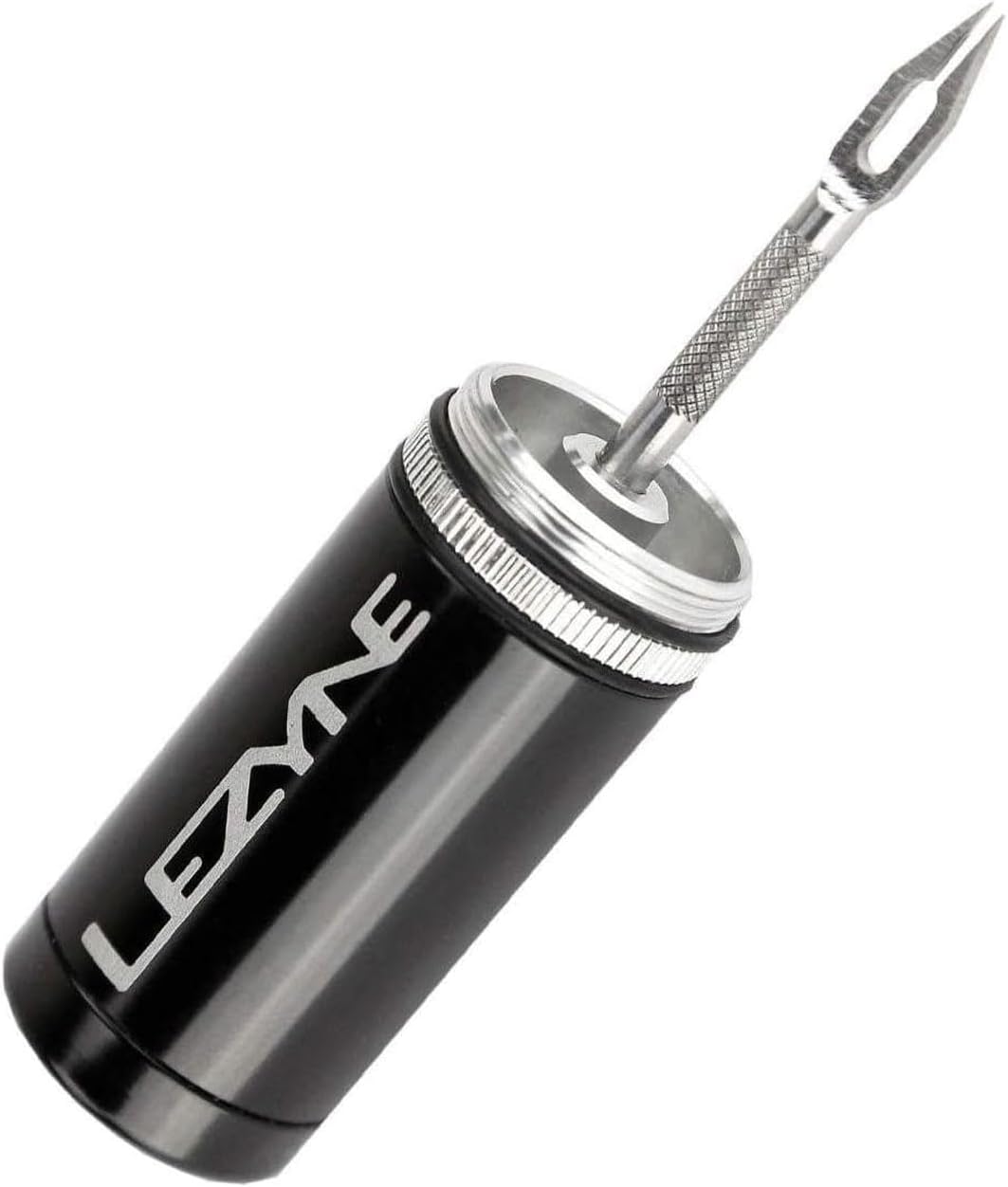 LEZYNE Tubeless Bike Tire Repair Kit - Road, Mountain & Gravel Bicycle Puncture Tool Set - Portable Compact Aluminum Storage Container/Handle with Stainless Steel Reamer & 5 Extra-Tacky Plugs