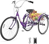 Brightpeak 1 Speed Adult Tricycle, 26 inch Cruiser Trike with Large Basket for Women Men Seniors, 3 Wheel Bike for Outdoor, Shopping, Recreation, Picnic (Purple)