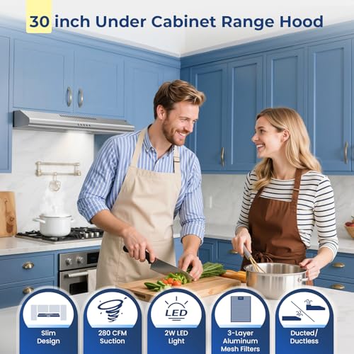 Image of Under Cabinet Range Hood 30 inch, Stainless Steel Kitchen Hood with 280 CFM, Button Controls, Stove hood with Carbon Filter, Ducted /Ductless Convertible, 2 Pcs Aluminum Filters