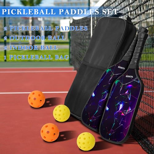 BOOMCLAP Pickleball-Paddel 2er-Set – Fiberglas-Oberfläche, komplett mit 2 Schlägern, 4 Bällen und tragbarer Tragetasche – ideal für Männer und Frauen Violett