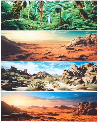 Image of Breling 4 Pcs 71 x 18 Inch Reptile Habitat Background with Nano Glue Gobi Sun Cactus Stone and Green Tree Fern Stream Terrarium Background Polyester Durable Aquarium Accessories
