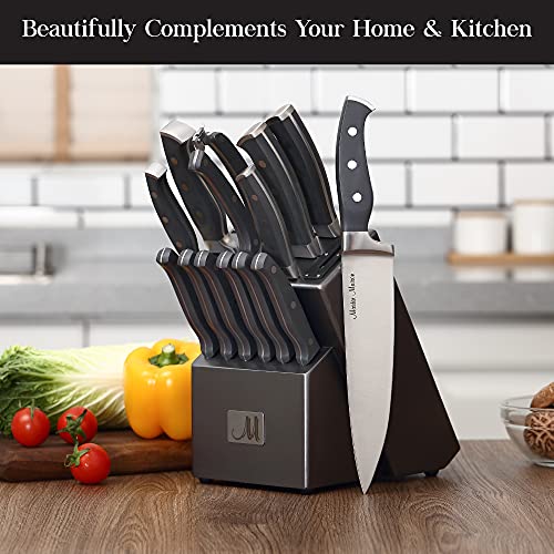 Master Maison Gray Kitchen Knife Set With Knife Block & Bonus Cleaver | German Stainless Steel Knives With Knife Sharpener & 6 Steak Knives | Professional Butcher Block Knife Sets For Kitchen #TOP6