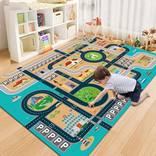 HOJOMACA Kids Rug Mat Carpet, Educational Kids Play Rug Mat - Non-Slip Floor Carpet for Playroom & Bedroom, Toy Car Track Design, Washable Area Rug for Toddlers(Neighborhood,32×47inch)