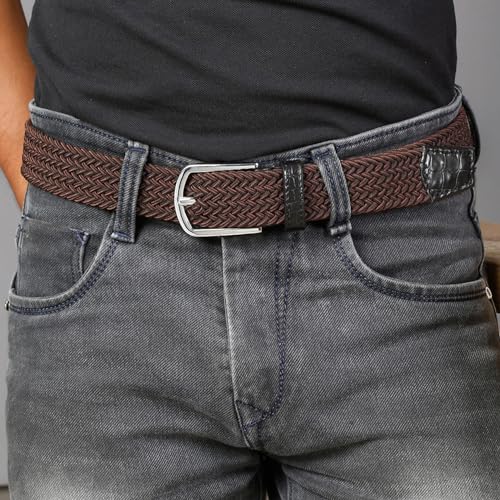 Image of LOUIS STITCH Men's Braided Elastic Stretch Belt with Leather Tipped End Stretchable Canvas Waist Band for Men Women Boys Girls Unisex (Width 3 cm) (BE-EL)
