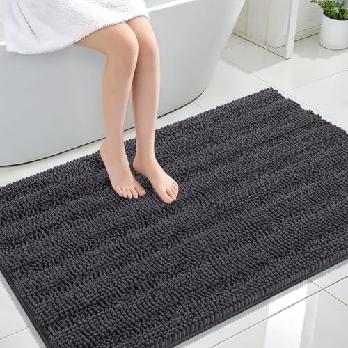 Image of OLANLY Thick Large Bathroom Rugs 47x32, Extra Soft Absorbent Chenille Striped Bath Rugs, Rubber Backing, Machine Wash, Bath Mats for Bathroom Floor, Tub and Shower, Home Decor Accessories, Dark Grey