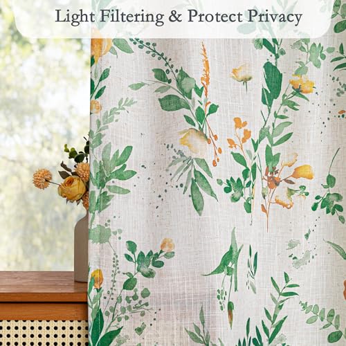 Image of MYSKY HOME Linen Floral Curtains 84 Inches Long 2 Pcs Sage Green Semi Sheer | Light Filtering Privacy Protect Curtains for Bedroom Farmhouse Style Decorative Drapes Back Tab for Home, 50 inch Wide Each Panel