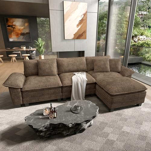 Image of HERA'S HOUSE 124 inch Oversized Modular Sectional L Shaped Sofa,Chenille Taupe | 4-Seater Living Room Couches, Wider Armrest and Deep Seat, Comfy Cloud Couch with Ottoman, Grayish Brown